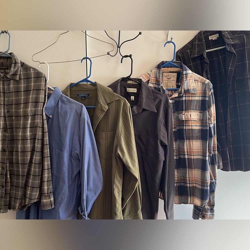 Six men’s long sleeve shirts. Most are medium. Check photos for specific sizes
